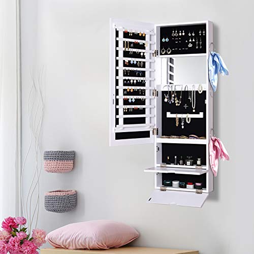 HOMCOM Espejo Joyero Colgante de Pared o Puerta Armario de Joyería con Altura Ajustable 2 Estantes Cerrados con Puertas Abatibles y Organizador de Joyas 35,5x9,5x102 cm Blanco