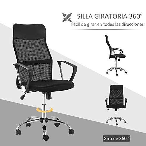 HOMCOM Silla de Oficina Giratoria Ergonómica Sillón de Escritorio de Malla con Ruedas de PVC Respaldo Alto Carga 120kg Negro