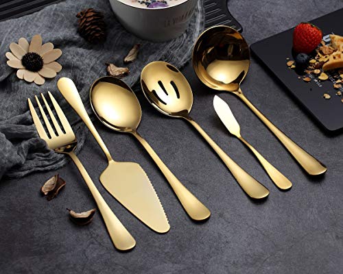 HOMQUEN 6 Piezas de Dorado Juego de Cubiertos,Incluye Servidor de Pastel, Cuchara Ranurada para Servir, Cuchara para Servir, Tenedor para Carne Fría, Cuchillo para Mantequilla, Cucharón para Sopa
