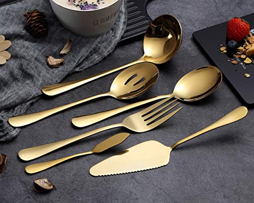 HOMQUEN 6 Piezas de Dorado Juego de Cubiertos,Incluye Servidor de Pastel, Cuchara Ranurada para Servir, Cuchara para Servir, Tenedor para Carne Fría, Cuchillo para Mantequilla, Cucharón para Sopa