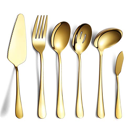 HOMQUEN 6 Piezas de Dorado Juego de Cubiertos,Incluye Servidor de Pastel, Cuchara Ranurada para Servir, Cuchara para Servir, Tenedor para Carne Fría, Cuchillo para Mantequilla, Cucharón para Sopa
