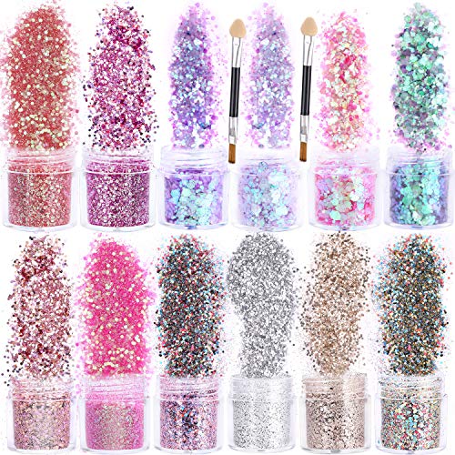 HOWAF 12 Colores Purpurinas Polvo con 2 Piezas Cepillo, Holográficas Brillantes Polvo Lentejuelas for Uñas Cara Cabello Cuerpo, 3D Nail Art Purpurina Manualidades Uñas Glitter Maquillaje Accesorios