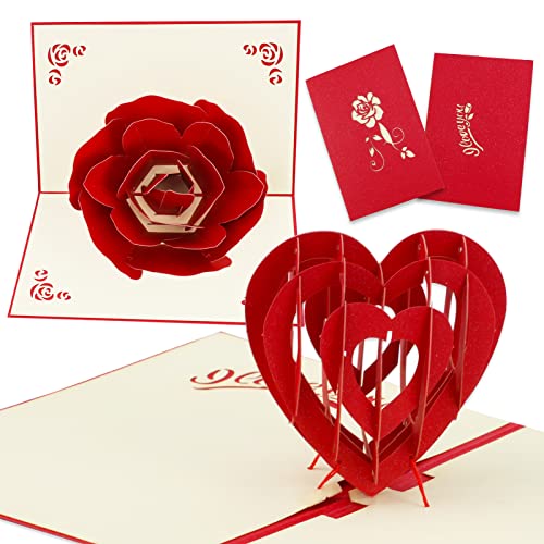 HOWAF 2 Piezas Tridimensional Tarjeta de San Valentín, Pop-up Tarjeta de felicitación diseño de Flores y Corazones para Regalo de San Valentín decoración, Aniversario, Cumpleaños, Invitación de Boda