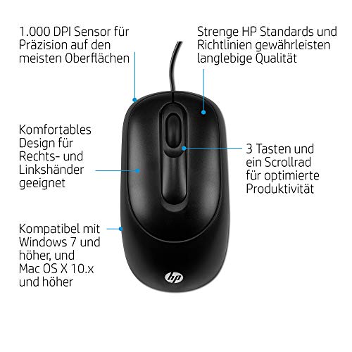 HP X900 Wired Mouse USB Óptico 1000DPI Ambidextro Negro - Ratón (Ambidextro, Óptico, USB, 1000 dpi, 70 g, Negro)