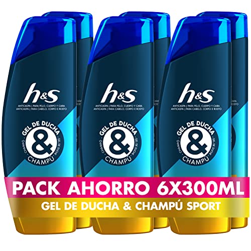H&S Anticaspa Champú Y Gel De Ducha Para Pelo, Cuerpo Y Cara Para Hombre, Sport 300ml, Con Esencia de Sándalo x 6