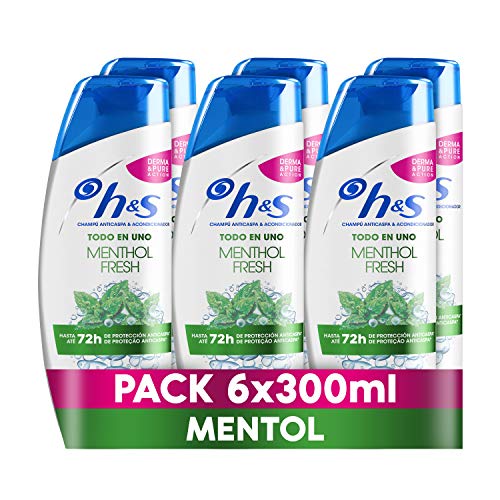 H&S Menthol Fresh Todo En Uno Champú Anticaspa y Acondicionador, 6 x 300 ml
