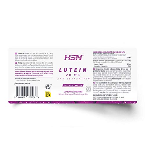 HSN Luteína 20mg Suministro para 2 Meses | con Zeaxantina | Extracto 25:1 de Flores de Tagetes Erecta | Antioxidante + Salud Ocular | Vegano, Sin Gluten, Sin Lactosa, 120 Cápsulas Vegetales