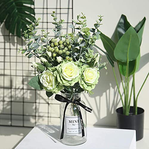 huaao Ramo de Rosas Artificiales con Tallos y Hojas de eucalipto para decoración de Bodas, Ramos de decoración de Interiores, Flores de Seda (Verde)