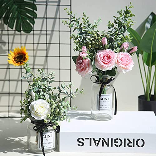 huaao Ramo de Rosas Artificiales con Tallos y Hojas de eucalipto para decoración de Bodas, Ramos de decoración de Interiores, Flores de Seda (Verde)