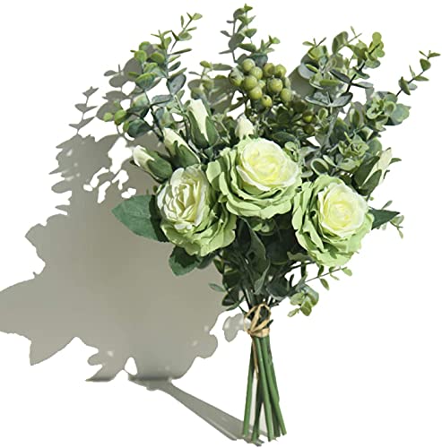 huaao Ramo de Rosas Artificiales con Tallos y Hojas de eucalipto para decoración de Bodas, Ramos de decoración de Interiores, Flores de Seda (Verde)