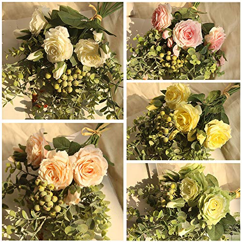huaao Ramo de Rosas Artificiales con Tallos y Hojas de eucalipto para decoración de Bodas, Ramos de decoración de Interiores, Flores de Seda (Verde)