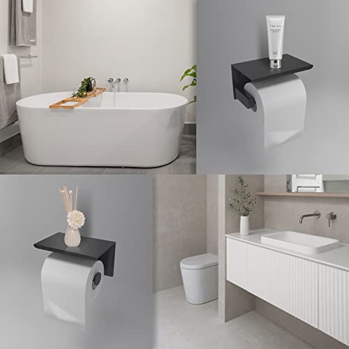 Huckle Portarrollos de papel higiénico , portarrollos adhesivo con soporte para teléfono móvil, portarrollos de acero inoxidable sin taladros, para portarrollos de pared, baño puerta de inodoro, negro