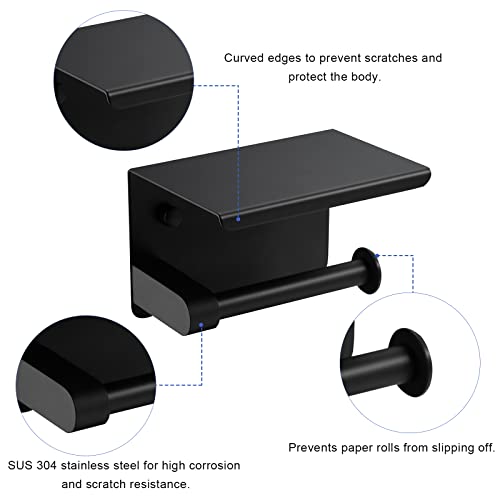Huckle Portarrollos de papel higiénico , portarrollos adhesivo con soporte para teléfono móvil, portarrollos de acero inoxidable sin taladros, para portarrollos de pared, baño puerta de inodoro, negro