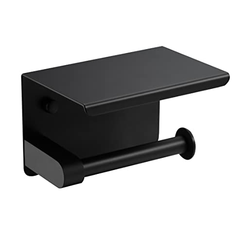 Huckle Portarrollos de papel higiénico , portarrollos adhesivo con soporte para teléfono móvil, portarrollos de acero inoxidable sin taladros, para portarrollos de pared, baño puerta de inodoro, negro