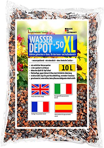 Humusziegel - Wasser Depot +50 XL Arcilla expandida en Gránulos - Granulado de Arcilla XL – Tamaño Grano 4-8 mm - Almacenamiento de Agua Natural - Contra Malas Hierbas y Anegamiento - 10 L