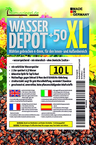 Humusziegel - Wasser Depot +50 XL Arcilla expandida en Gránulos - Granulado de Arcilla XL – Tamaño Grano 4-8 mm - Almacenamiento de Agua Natural - Contra Malas Hierbas y Anegamiento - 10 L