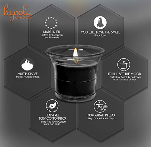 Hyoola Velas Votivas con Perfume – Velas Aromáticas en Vaso Transparente – Velas Perfumadas de Color Negro – 12 Horas de Combustión – Pack de 4 – Hechas en Europa