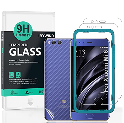 IBYWIND Cristal Templado para Xiaomi Mi 6 [2 Piezas],con Atrás Pegatina Protectora Fibra de Carbono,Incluyendo Kit de instalación fácil