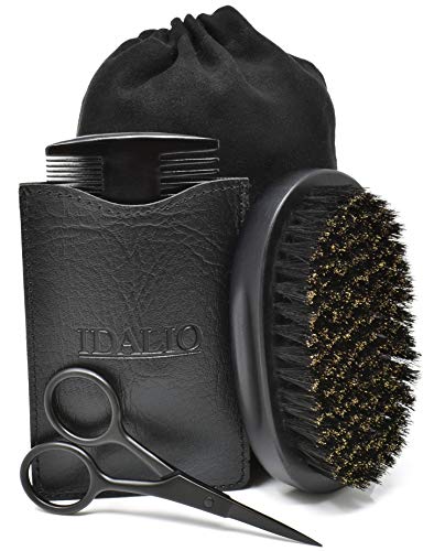 IDALIO Set Cepillo y Peine para el Aseo del Hombre con Cerdas Naturales de jabalí Cepillo y Peine de barba de Madera de Peral y Tijeras de Acero Inoxidable para barba