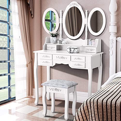 Iglobalbuy Tocador de Maquillaje,Tocador de Dormitorio Tocador con Taburete 3 Espejo Giratorio 7 cajones Taburete con,Blanco(BDT1217)