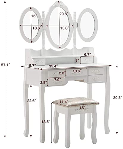 Iglobalbuy Tocador de Maquillaje,Tocador de Dormitorio Tocador con Taburete 3 Espejo Giratorio 7 cajones Taburete con,Blanco(BDT1217)