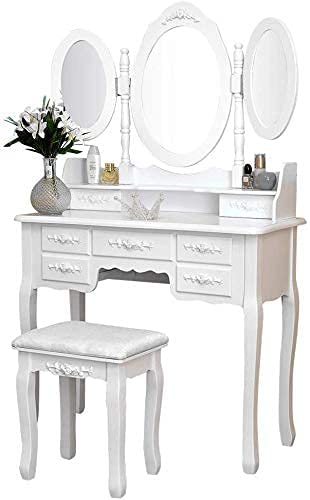 Iglobalbuy Tocador de Maquillaje,Tocador de Dormitorio Tocador con Taburete 3 Espejo Giratorio 7 cajones Taburete con,Blanco(BDT1217)