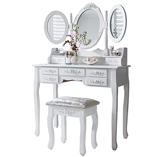 Iglobalbuy Tocador de Maquillaje,Tocador de Dormitorio Tocador con Taburete 3 Espejo Giratorio 7 cajones Taburete con,Blanco(BDT1217)