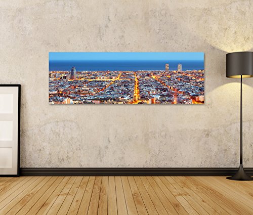 Imagen sobre lienzo Skyline de Barcelona, grabación de aire de noche, España, lienzo de pared