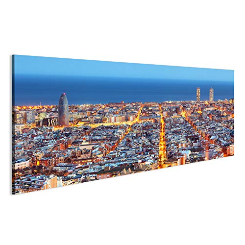 Imagen sobre lienzo Skyline de Barcelona, grabación de aire de noche, España, lienzo de pared