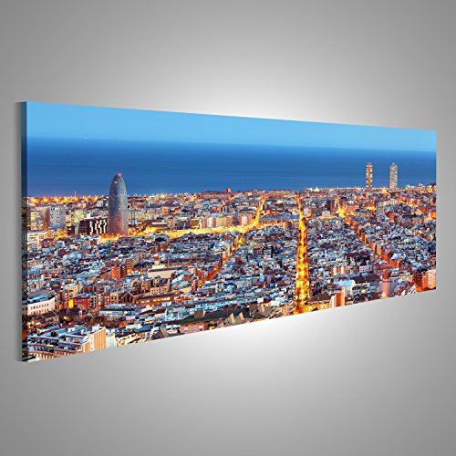 Imagen sobre lienzo Skyline de Barcelona, grabación de aire de noche, España, lienzo de pared