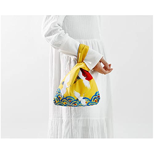 Impermeable Moda Arte Japonés Kimono Patrón Muñeca Bolso Tote Bolso Nudo Cartera Portátil Monedero para Mujeres (Grúa Amarilla)