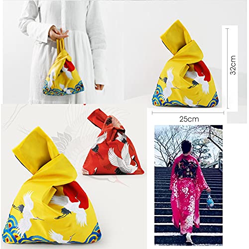 Impermeable Moda Arte Japonés Kimono Patrón Muñeca Bolso Tote Bolso Nudo Cartera Portátil Monedero para Mujeres (Grúa Amarilla)