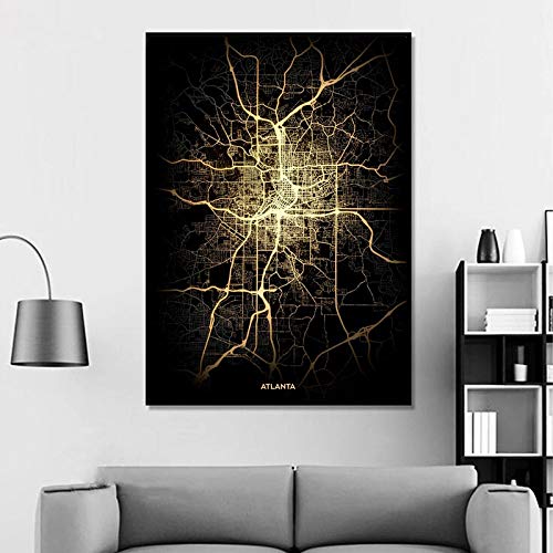 Impresión De Lienzo, Ciudad de atlanta Póster De Mapas De Luz De La Ciudad Negra Y Dorada De La Ciudad, Arte Del Mundo Personalizado, Pintura En Lienzo, Arte De Pared Para La Decoración D,50*75cm