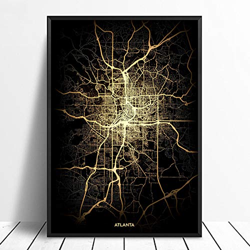 Impresión De Lienzo, Ciudad de atlanta Póster De Mapas De Luz De La Ciudad Negra Y Dorada De La Ciudad, Arte Del Mundo Personalizado, Pintura En Lienzo, Arte De Pared Para La Decoración D,50*75cm