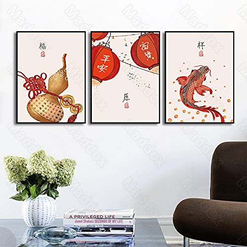 Impresión Sobre Lienzo Cuadro Artístico Para Decoración De La Sala De Estar Calabaza Linterna Roja Koi Características Orientales Significado Único Nicho Cultura Étnica Pintura Decorativa-50X70Cmx3P