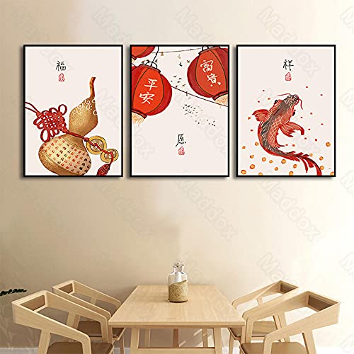 Impresión Sobre Lienzo Cuadro Artístico Para Decoración De La Sala De Estar Calabaza Linterna Roja Koi Características Orientales Significado Único Nicho Cultura Étnica Pintura Decorativa-50X70Cmx3P