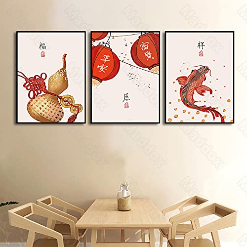 Impresiones En Lienzo Calabaza Linterna Roja Koi CaracteríSticas Orientales Significado úNico Nicho Cultura éTnica Pintura Decorativa-40x60cmx3 Sin Marco