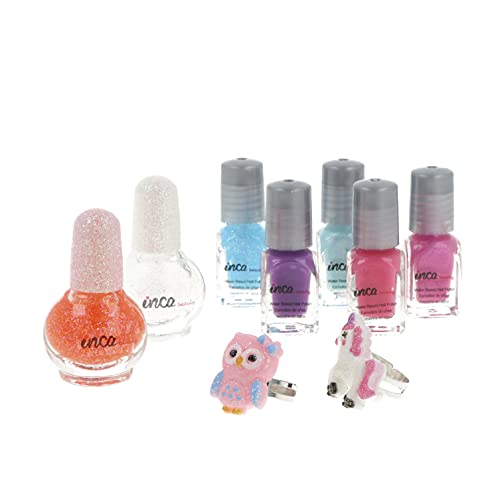 INCA. Set de 7 Pintauñas Niñas lavable con agua + Anillos intantiles. Fácil de eliminar lavando las manos. Esmalte de uñas no tóxico.Incluye 7 esmaltes base agua en colores y purpurina