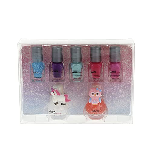 INCA. Set de 7 Pintauñas Niñas lavable con agua + Anillos intantiles. Fácil de eliminar lavando las manos. Esmalte de uñas no tóxico.Incluye 7 esmaltes base agua en colores y purpurina
