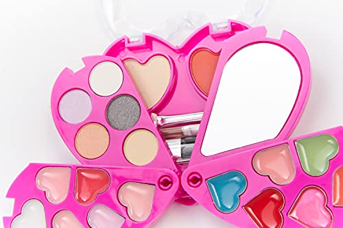 Inca. Set de Maquillaje Infantil niñas. Lavable con Agua y no tóxico. Paleta de Sombra de Ojos, pintalabios y coloretes para niñas. Estuche de corazón con Varios Niveles, Espejo Incluido