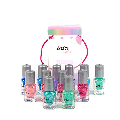 Inca. Set de Pintauñas Niñas lavable con agua. Pintauñas manicura infantil. Fácil de eliminar lavando las manos. Esmalte de uñas NO TÓXICO. 12 esmaltes de niña base agua con purpurina