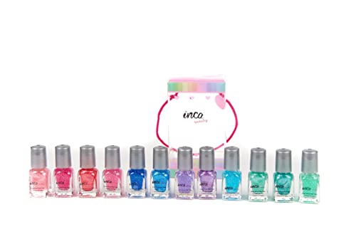Inca. Set de Pintauñas Niñas lavable con agua. Pintauñas manicura infantil. Fácil de eliminar lavando las manos. Esmalte de uñas NO TÓXICO. 12 esmaltes de niña base agua con purpurina