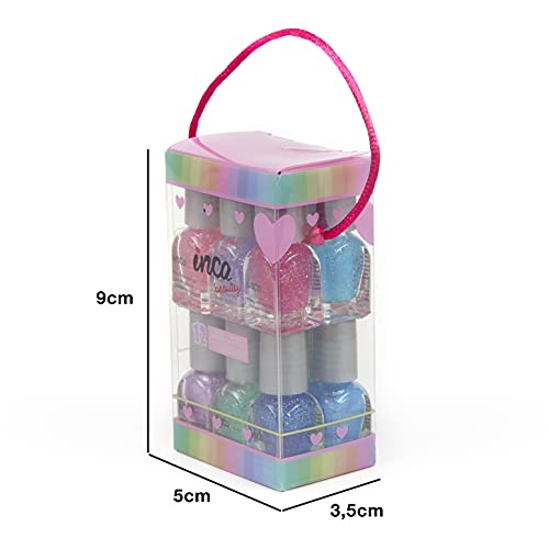 Inca. Set de Pintauñas Niñas lavable con agua. Pintauñas manicura infantil. Fácil de eliminar lavando las manos. Esmalte de uñas NO TÓXICO. 12 esmaltes de niña base agua con purpurina