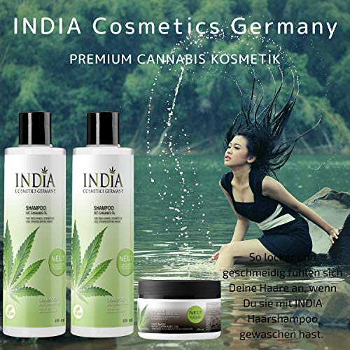 INDIA COSMETICS GERMANY Champú en paquete doble con aceite de cáñamo Sativa de primera calidad con 400ml de tamaño XXL más tratamiento de cabello gratis, un juego completo de cuidado del cabello.