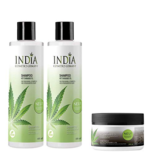 INDIA COSMETICS GERMANY Champú en paquete doble con aceite de cáñamo Sativa de primera calidad con 400ml de tamaño XXL más tratamiento de cabello gratis, un juego completo de cuidado del cabello.