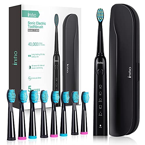 Initio Cepillo de dientes eléctrico, 5 modos con temporizador inteligente, 8 cabezales de cepillo y estuche de viaje incluido, cepillo de dientes recargable para adultos