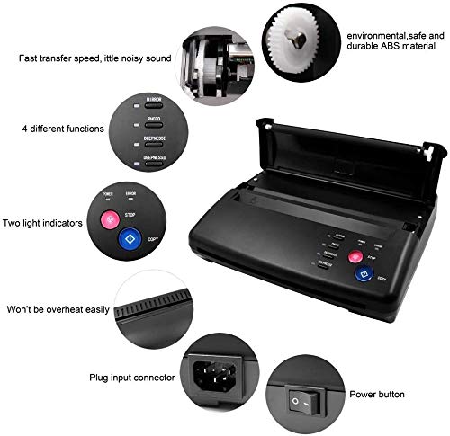 InLoveArts Máquina de transferencia de tatuajes Impresora de plantillas de tatuajes Máquina fotocopiadora térmica con 10 piezas de papel de transferencia térmica de tatuajes y 500 patrones digitales