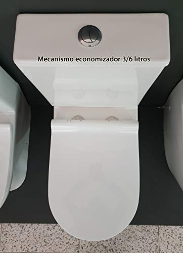 Inodoro JHUNO Compacto De Dos Piezas. Diseño Exclusivo y Moderno. De Cerámica Blanca. Salida Dual. Ahorro Agua Con Mecanismo Economizador 3/6. Tapa Y Asiento en ABS