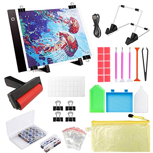 INSANYJ Herramientas de 5d Pintura Diamantes, Mesa de Luz Dibujo A4 Kit de Almohadilla de Luz Ultradelgada Regulable, Tablero De Almohadilla de Luz LED con Juego de Accesorios, para Adultos o Niños