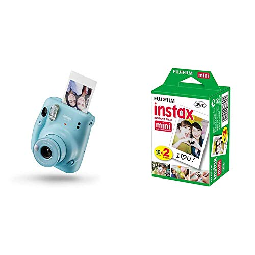 instax 16654956 Mini 11 - Cámara Instantánea, Sky Blue, Compacto + Fujifilm instax Mini Brillo - Pack de 40 Películas Fotográficas Instantáneas (40 Hojas), Color Blanco